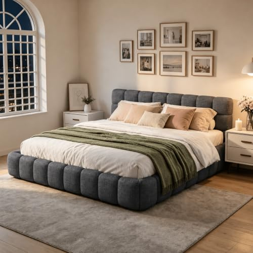 BRILVERDE Polsterbett 140x200, Bubble Bett, Doppelbett mit Weiches Kopfteil, Jugendbett, Bettgestell mit Lattenrost, Leinen, ohne Matratze (Grau, 140 x 200 cm)