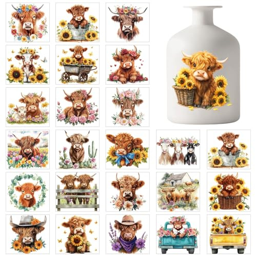 GLOBLELAND 25 Feuilles de Stickers Adhésifs avec Silhouette de Vache des Highlands Fleurs de Ferme Papillon. Autocollants de Décalcomanie Adhésifs de Tournesols pour Lanterne Pot en Verre Tasse Vase