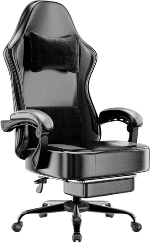 HOTOSYCH Sillas Gaming con Reposapies, Silla Gamer Adulto con Respaldo Lumbar, Silla Escritorio Gaming Ajustable en Altura, Silla Ordenador en Piel Sintética (Gris & Negro)