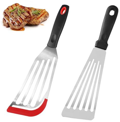 2 Piece Metal Spatula Set, Fish Slice Spatula for Non Stick Pans with Coated Edge, Professional Stainless Steel Fish Turner for Cooking Flipping Grilling, Includes Small and Standard Size