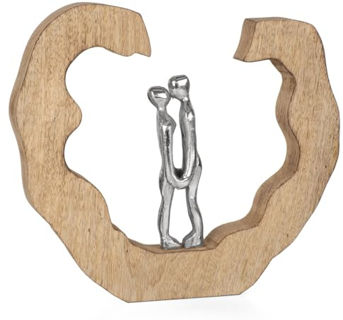 Moritz Close to You 22 cm Silber – Mangoholz Liebespaar Skulptur Dekofigur | Aluminium-Paar auf Naturholz-Sockel, Handarbeit und Unikat, Geschenkidee zu Jahrestag oder Valentinstag, für Regal, Kommode
