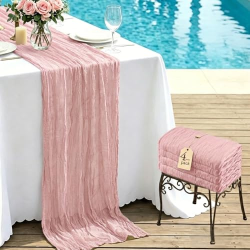 FAVE 4 Stück Tischläufer aus Baumwollgaze in Staubrosa, 300 cm Länge - Dekoration für Hochzeit, Babyfeier, Geburtstag, Boho-Party