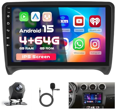 4+64G Autoradio para Audi TT 8J MK2 2008-2014 con CarPlay Android Auto | Pantalla 9 IPS Auto Radio con Android 15 Bluetooth Mirror Link Navegación GPS EQ WIFI FM RDS USB Micrófono Cámara
