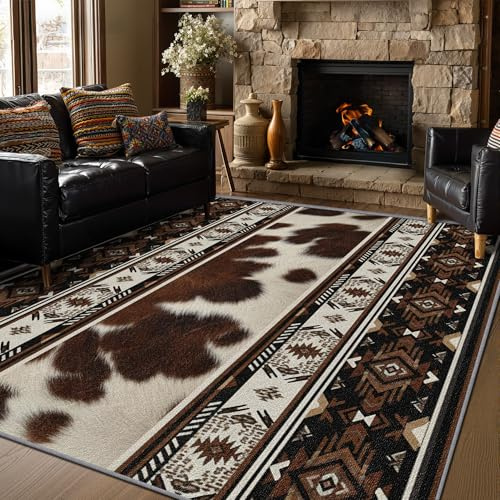 SherAvant Aztec Area Rugs - Cowhide Southwestern Tribal Rug 3x5, Cabin Rustic Washable Lightweight Carpet Room Decor (Brown/Black)