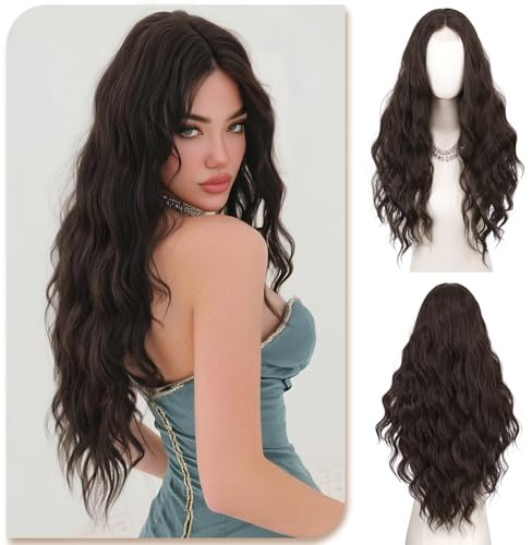 Sofeiyan Peluca Largos y Ondulados,70 cm Castaño Oscuro Pelucas para Mujer con Raya Central Natural y Pequeño Frente de Encaje,Resistente al Calor Sintética,para Diario Fiesta cosplay
