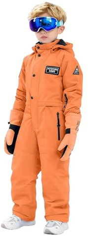 Combinaison de ski pour enfant - 1 pièce - Pour garçons et filles - Hiver - Pour l'extérieur - Coupe-vent, Orange, 6-7 ans
