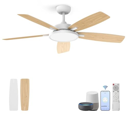 Taloya Smart Deckenventilator mit Beleuchtung und Fernbedienung App,132 cm, Weiß, Leise DC,Dimmbare LED 3000-6500K, 6 Geschwindigkeiten, Timer, für Modern Wohnzimmer Schlafzimmer