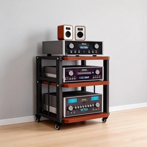 POPICK 3/4-stufiger HiFi Rack mit Rädern, Audio Regal aus Holz & Metall, Medienständer mit Verstellbaren Ablagen, Mobiles HiFi Rack auf Rollen für Plattenspieler, Verstärker, Stereoanlagen, Wohnzimme