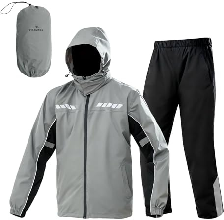 VIKAMAKA Waterproof Motorcycle Men's Rain Suit, Breathable Lightweight Hooded Reflective Rain Gear, Rain Jacket and Pants for Men