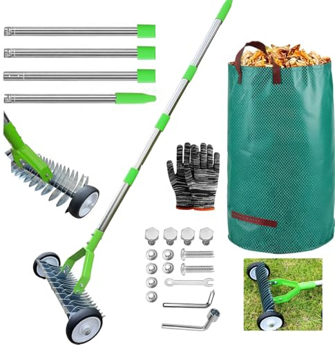 Escarificador Manual con Ruedas de 163 cm, Aireador de Césped con Ruedas, Rastrillo de Corte de Metal con Bolsa para residuos de jardín, Desmontable, Rastrillo de Escarificación Ajustable