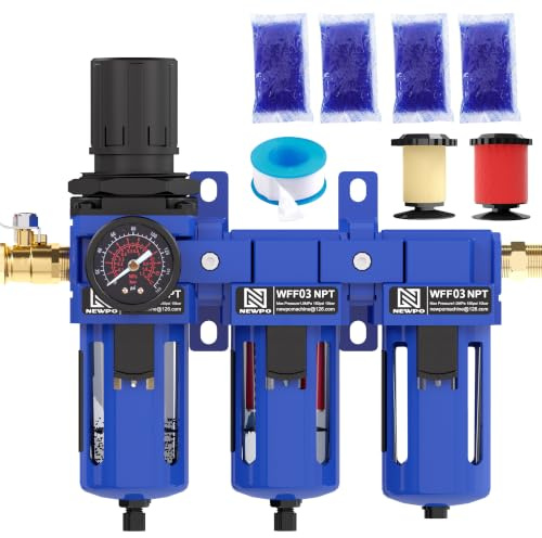 NEWPO 1 cm NPT 3-Stage Compressore d'aria Filtro Regolatore Combo, Compressore d'aria Separatore d'acqua con essiccatore essiccante, Ottone & Filtro Coalescente, Scarico Semi-Automatico, Air Dry
