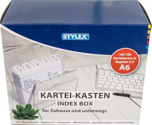 Karteikasten, A6, mit 100 Karteikarten | inklusive 100 linierten Karteikarten in Weiß und Register A-Z