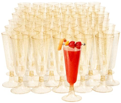MATANA 100 Copas de Champán de Plástico con Brillo Dorado, 150ml - Flautas de Champagne, Copas Cava, Copas Vino - Copas Plastico Duro Reutilizable para Bodas, Cumpleaños, Fiestas