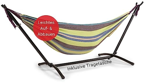 WOMA Hamaca con estructura para 2 personas en 5 colores, superficie de descanso de 160 x 241 cm, hamaca para interior y exterior, de algodón, soporta hasta 180 kg, color verde y rojo