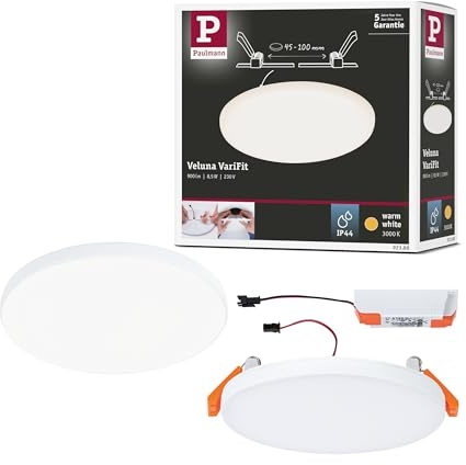 Paulmann 92388 panneau LED spots encastrés Veluna VariFit IP44 Blanc chaud 125 mm rond incl. 1x8,5 watts plafonnier Satin éclairage de plafond plastique éclairage de salon 3000 K