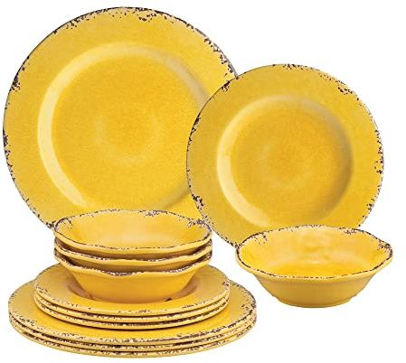UPware 12 Piece Crackle Melamine Dinnerware Sets, Outdoor Dishes Set, Plates and Bowls Sets, Service for 4, Yellow