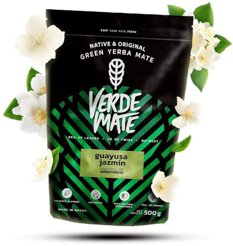 Verde Mate Green Guayusa Jazmín 500 g | Yerba maté délicate avec guayusa et jasmin | Pour débutants et avancés | Composition naturelle | Thé Yerba Maté brésilienne | Yerba Maté stimulante 0,5 kg | Yerba maté brésilienne avec guayusa et fleurs de jasmin aromatiques pour infusion chaude ou tereré glacé