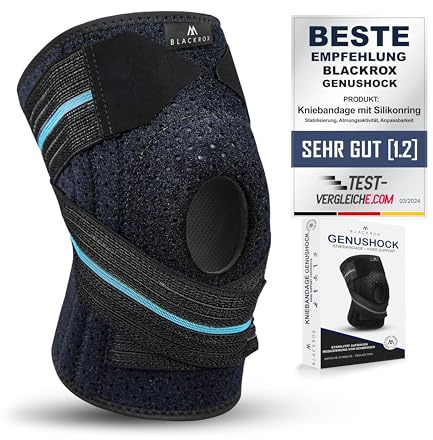 BLACKROX GENUSHOCK KNIEBANDAGE MIT SILIKONRING – Kniegelenkbandage für Damen & Herren – Unterstützung von Knie & Meniskus – Kniestütze ideal für Sport, Fußball, Kraftsport & Training – One Size
