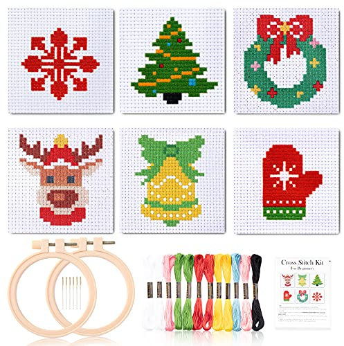 Pllieay Christmas Kit Punto Croce per Principianti per Bambini 7-13, Include 6 Pezzi Schema Punto Croce e 2 Pezzi Cerchi, 14 Matasse Filo Per Ricamo