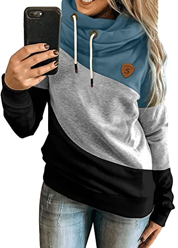 Dokotoo Damen Kapuzenpullover Stehkragen Hoodie Pullover Farbblock Sweatshirt Langarmshirt Oberteile für Herbst Winter S-3XL