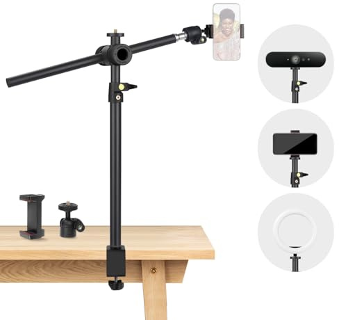 Overhead Camera Mount Desk Stand, Camera Arm Desk Mount Clamp Stand with 360°Adjustable Magic Arm, Webcam Arm Mount Stand w Ballhead Phone Mount for Desk Logitech Microphone Video Light Cell Phone
