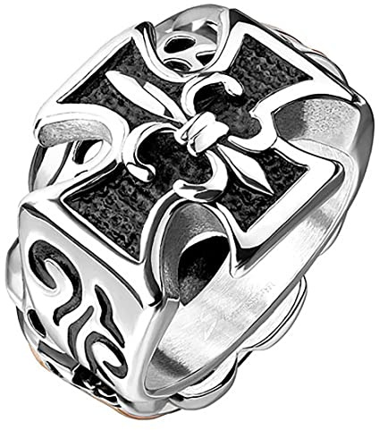 Taffstyle Herren Ring Edelstahl Massiv Breit Herrenring Männer Biker Rocker Schmuck Bikerschmuck Kreuz mit Fleur de Lys Lis Silber Größe 63 (20.1)