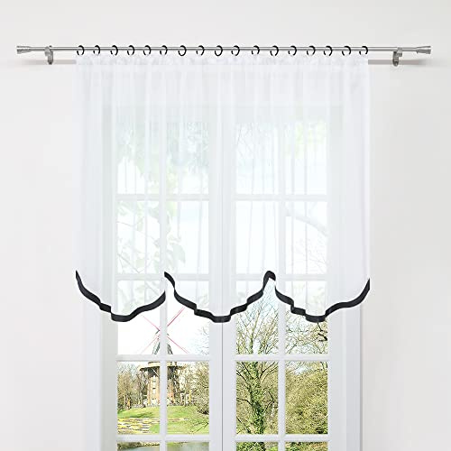 HongYa Gardine Store mit Kräuselband Transparenter Voile Bogenstore Blumenfenster Küche Vorhang mit Satinband H/B 170/300 cm Schwarz