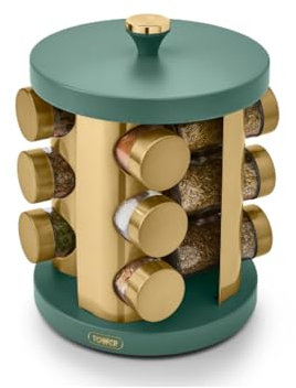 Tower T826022JDE Cavaletto 12 Jar Rotating Spice Rack with Pre-Filled Spices, Jade and Rose Gold