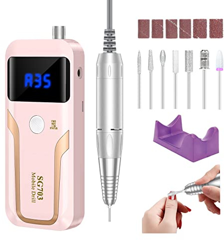 MOCOWIND Portable Nail Drill Professional 35000 RPM, Rechargeable Electric Nail File Machine Cordless E-File for Acrylic Gel Polishing Removing with Bits Kit for Manicure Salon Home, Pink