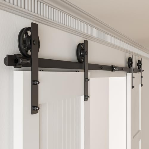 Schiebetürbeschlag Doppeltür 274cm Schiebetüren Schiebetürsystem Komplettset Laufschiene Rollen Set Schwarz für 2 Holztür 68cm Breit, Mittlere Rolle in I-Form
