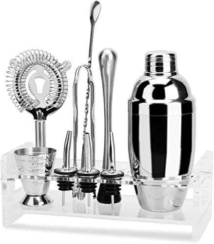 ONOTEC Juego de coctelera de 10 piezas con soporte rústico, juego de coctelera con tarjetas de juego de cóctel, kit de barra premium for un divertido regalo de cóctel, juego de barman de acero inoxida