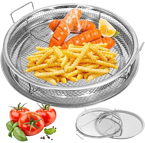 Air Fryer Basket for Oven,2 Pieces Set Round Silver 12.9'' Non-stick Stainless Steel Mesh Air Fryer Baking Tray Accessories Rack Roasting Grill Basket for Convection Oven Air Fryer, Dishwasher Safe