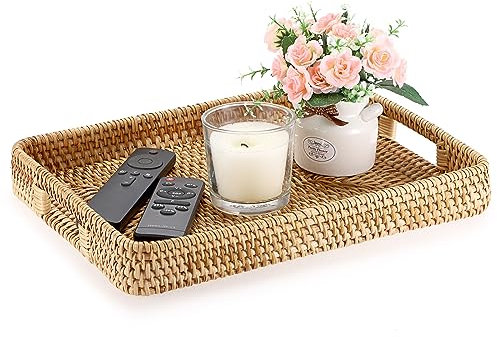 IGNPION Rattan Woven Decorative Serving Tray Basket With Handles For Coffee Table Desk livingroom