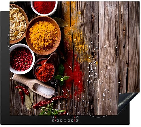 KitchenYeah© Herdabdeckplatte Einteilig Induktionsmatte Küche Abdeckung | 58x51 cm - Ceranfeld Herd Abdeckplatte Deko Vinyl Matte Aufrollbar Kräuter - Gewürze - Holz - Braun
