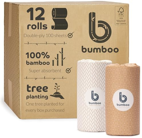 Bumboo |100% Bamboo Wrapped Kitchen Rolls | Pack of 12 Rolls (2-Ply) | Multipurpose, Plastic-Free, Eco-Friendly, Super Absorbent, Strong & Sustainable
