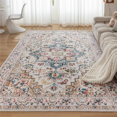 CHOSHOME Tappeto lavabile per soggiorno, vintage, a pelo corto, grande, morbido, per camera da letto, antiscivolo, morbido, beige, 120 x 170 cm
