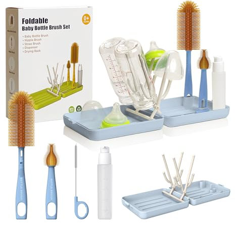 YOTIME Rastrelliere Asciuga Biberon da Viaggio con Set di Spazzola per Biberon, per Gli Elementi Essenziali del Viaggio del Bambino, per Visitare Amici e Parenti, Blu