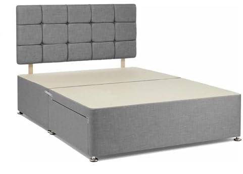 Divan Beds Deals | Stylish Grey Chenille Double Bed Frame | Double Bed Base with 20” High Cube Headboard and 2 Storage Drawers | Room Decore Double Frame