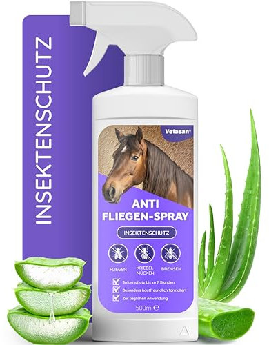 Vetasan Anti Fliegenspray Pferd 500ml I Insektenspray Pferde gegen Fliegen, Bremsen & Mücken I Insektenschutz Spray für Fliegenschutz Pferdezubehör