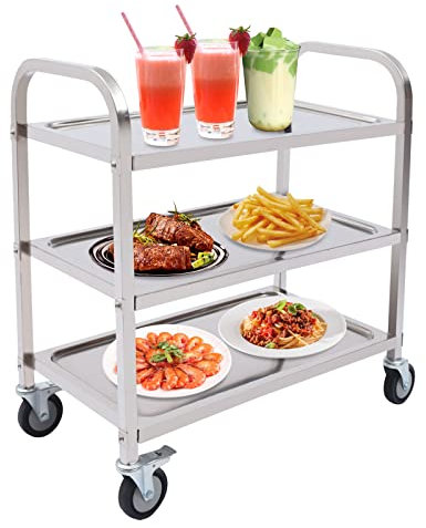 RUETERY Edelstahl Servierwagen mit 3 Böden küchenwagen Küchen rollenwagen Transportwagen mit Rollen für Hotels, Krankenhäuser, Schulen 85x 45x 90cm