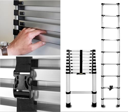 Drabest Scala Telescopica in Alluminio con Ganci di Fissaggio, Allungabile e Pieghevole, Scala Multifunzionale con 9 Gradini, Altezza 2,6 m