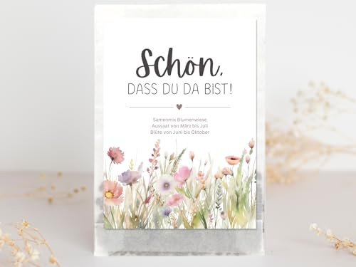 Samentüten Gastgeschenk Hochzeit Pastell Rosa Boho Wildblumen Motiv, nachhaltiges Gastgeschenk für Taufe Kommunion Konfirmation Geburtstag, Geschenk Gäste Blumensamen Tischdeko