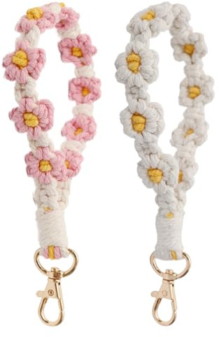 Visxcnu 2 Stücke Gänseblümchen Makramee Schlüsselanhänger für Damen Schlüsselband Kurz Boho Aesthetic Armband Key chain Cute Taschenanhänger Andgefertigt für Frauen, Handys Und GeldböRsen-Mädchen