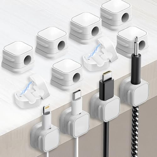 LOCCY Cord Organizer Holder, 12 Pack Magnetic Desk Cable Clips Cable Tidy Clips Management Self Adhesive Phone Charging Cable Keeper Wire Charger Holder for Home Office Car Nightstand Desk Use (White)