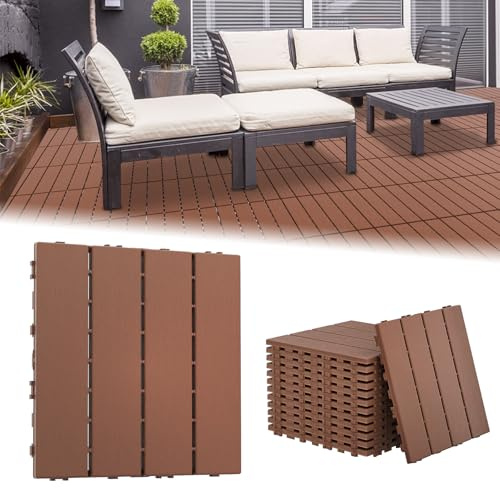 LZQ PE Terrassenfliesen Holzoptik 11 Stück 30x30 cm Braun Typ A | Kunststoff-Bodenbelag mit Drainage und rutschhemmender Oberfläche als Balkonboden, Terrassenbelag und Gartenboden
