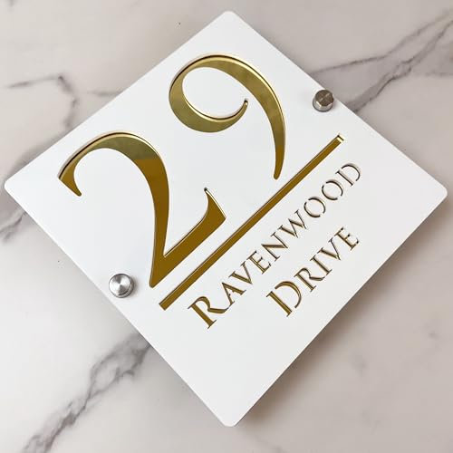 Cartello numero civico sospeso vuoto 3D acrilico personalizzato con nome di strada fontana moderna | Segnale indirizzo negozio piastra porta (bianco&Oro)