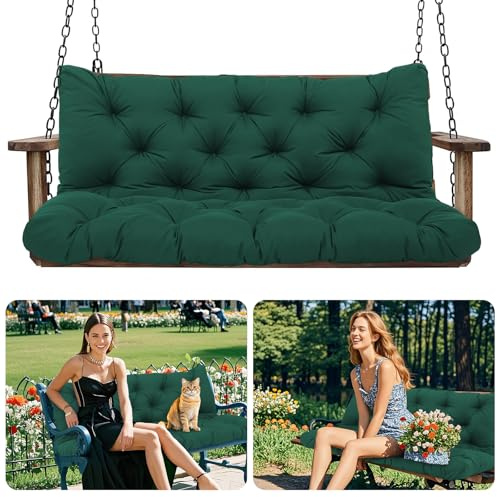 Amdieu Cojín para columpio de jardín de 3 plazas, impermeable, con respaldo y 8 lazos, 12 cm de grosor, cojín de repuesto para muebles de exterior, jardín, columpio, porche, patio (verde oscuro, 150 x