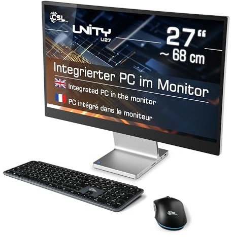 PC All-in-One CSL Unity U27 Windows 11 Pro - Potente AIO, display IPS da 27, Intel Core i5-1235U CPU 4400MHz Turbo, SSD M.2 da 500GB DDR5-RAM, USB 3.2, BT 5.2, AX WLAN