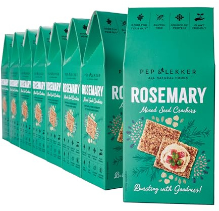 Pep & Lekker Gluten Free Crackers, Rosemary (8 x 110g) | Gluten Free Seed Crackers, Plant Based, No Added Sugar, Healthy Gut, High Fibre, All Natural, Vegan, Snacking
