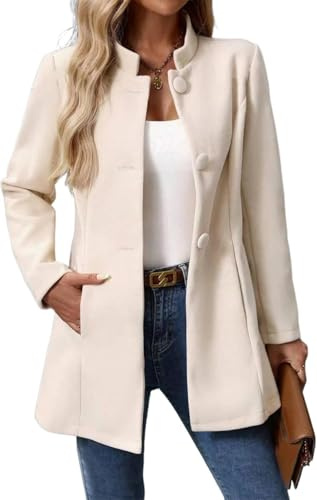 Juankrynord Cappotto monopetto classico primaverile da Donna con tasche Cappotto vintage semplice Giacca monopetto con collo alto di media lunghezza con tasche